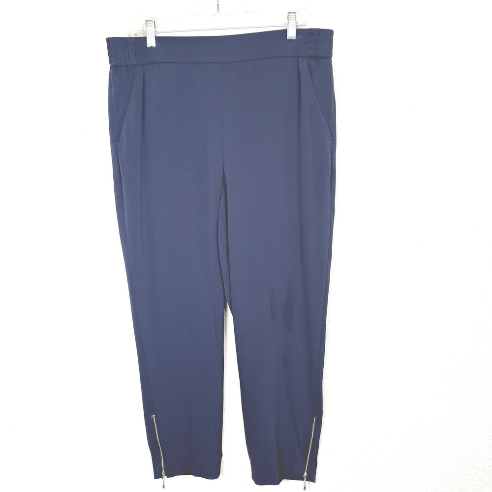 Chicos Navy Pants NWT Sz 2R US Sz 12R Pull On Relaxed Woven Ankle Gold Zippers